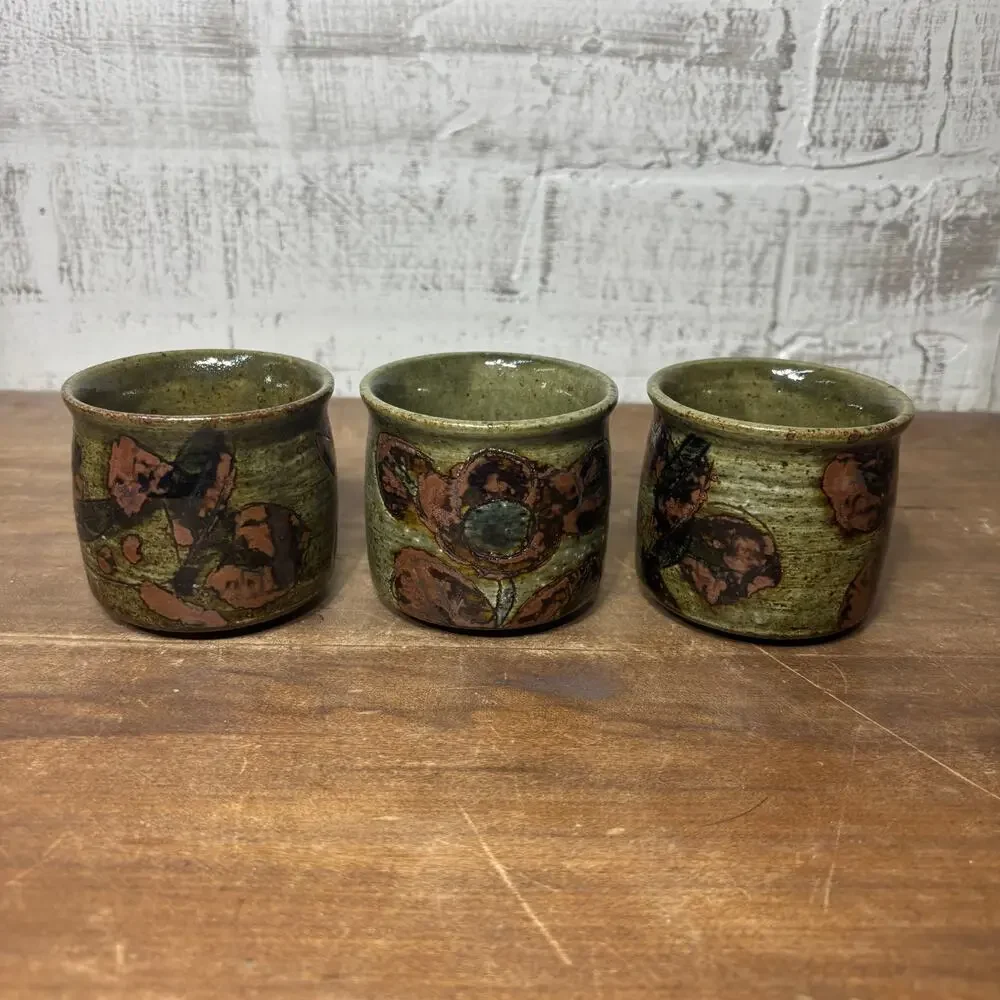 Vintage OMC Japan Green Stoneware Sake Cups Set of 3